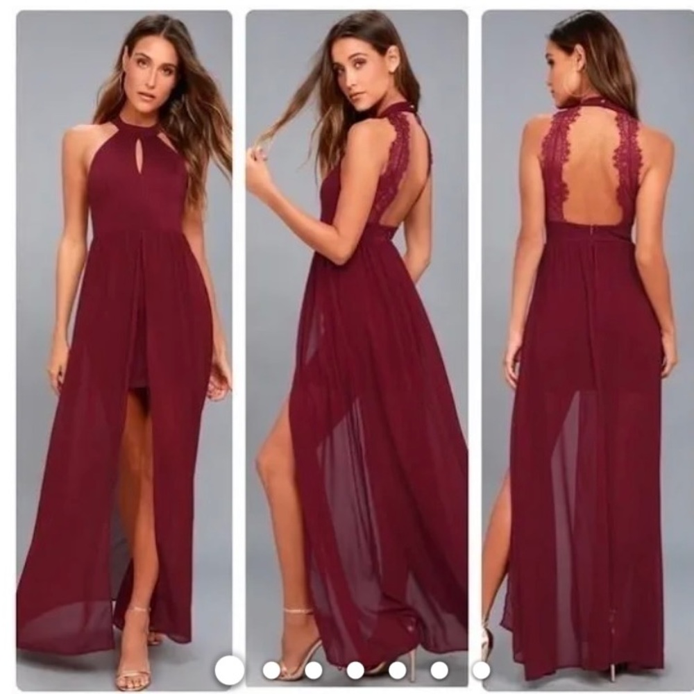 Lulus My Beloved Burgundy Lace
Halter Open Back Overlay Maxi Dress